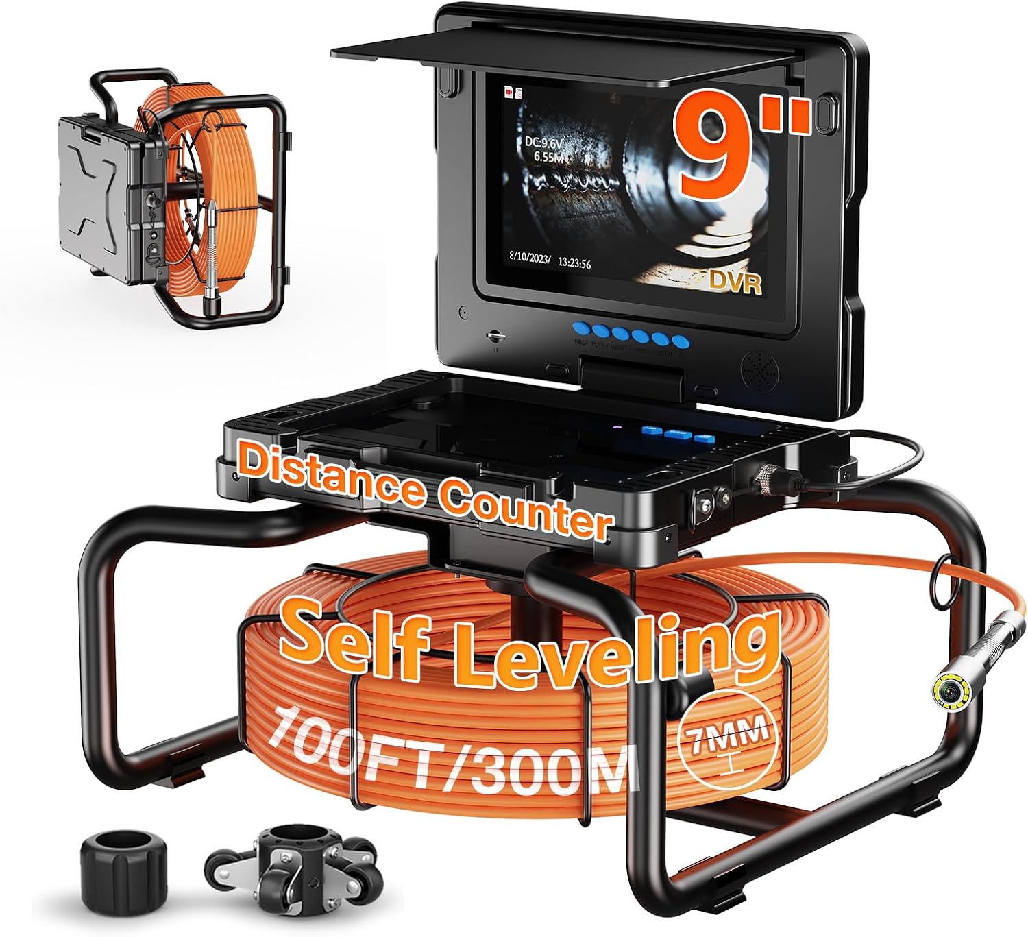 Sewer Camera, Self-Leveling Drain Inspection Camera with 9" DVR 1080P HD Screen, IP68 Drain Sewer Pipeline Video Industrial Endoscope 7MM Diameter, 32GB Card for Home Wall Duct Drain Pipe (100FT-30M)