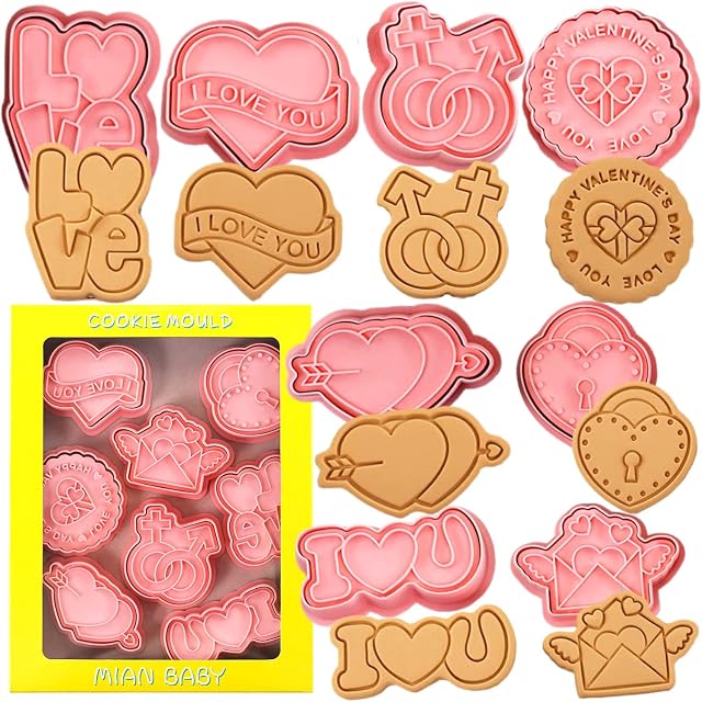 Valentines Day Cookie Cutter Set-8 Pieces Plastic Valentines Cookie Cutters-3D Valentines Cookie Cutter Stamp.