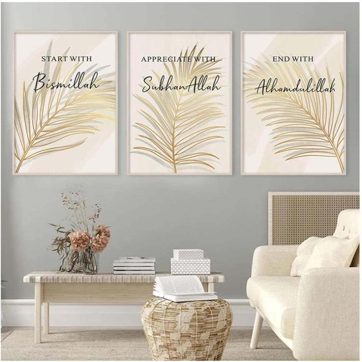 BPA® Nordic Gold Leaf Islamic Unframed Wall Art Canvas Painting (50X70cm) Gifts Boho Poster And Prints Print Paintings/3Pcs For Living Room Home Decor -size:(50X70Cm) X3 pcs