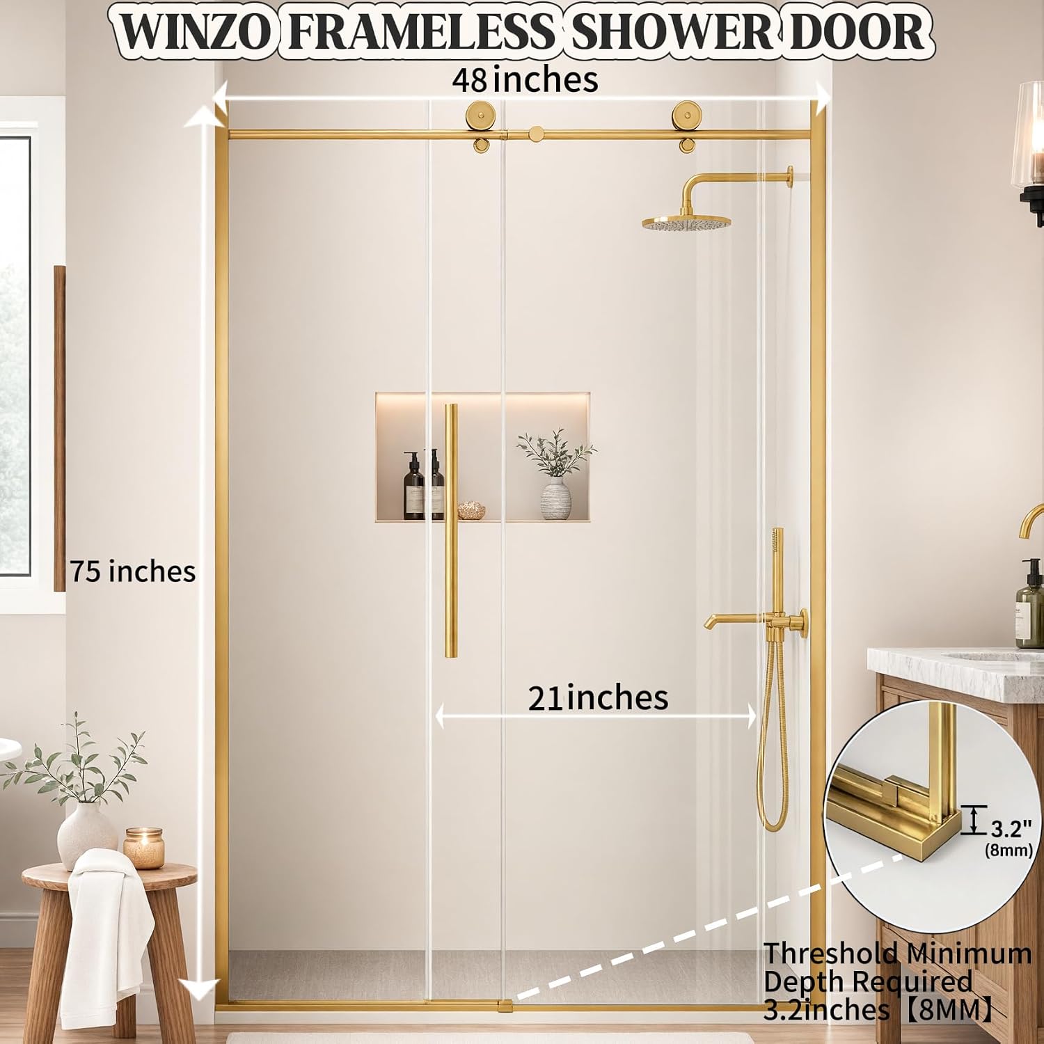 WinZo Frameless Shower Door 44-48 in W x 75 in H, Sliding Shower Door with 5/16"(8mm) Clear Tempered Glass Shower Door, Easy to Clean Bathroom, Silent Soft-Close Design, Brushed Gold