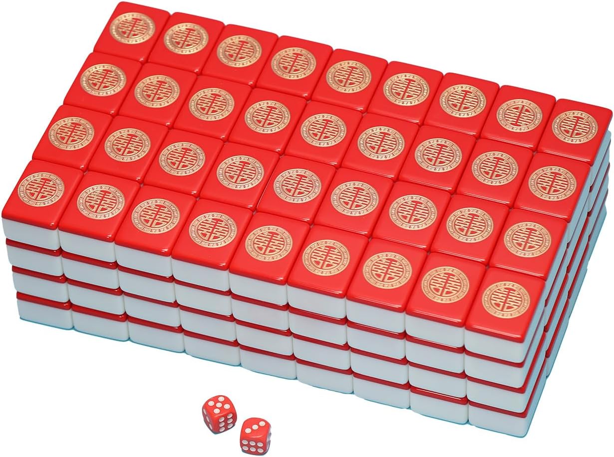 VPH Extra-Large Chinese Mahjong Set with The Double Happiness Pattern in red, 144 Pieces in Total, Including a PU Leather case and a Table mat.