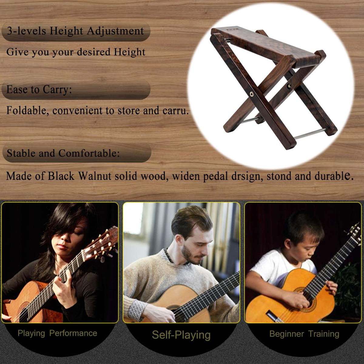 Wood Guitar Foot Stool Black Walnut Solid Wood Footrest 3-Level Adjustable Height Folding Widen Guitar Pedal