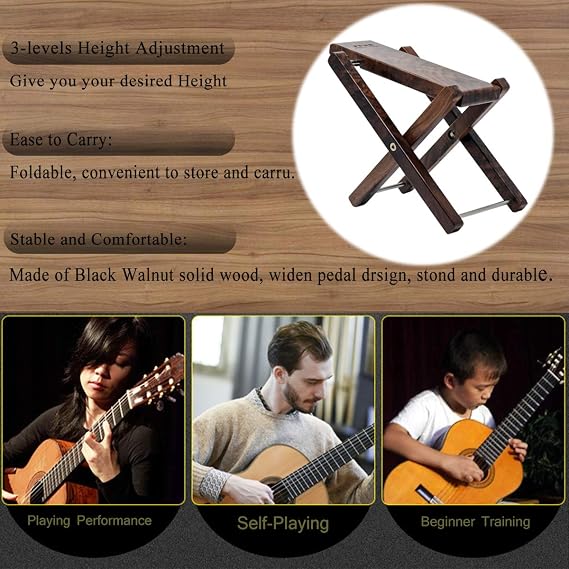 Wood Guitar Foot Stool Black Walnut Solid Wood Footrest 3-Level Adjustable Height Folding Widen Guitar Pedal
