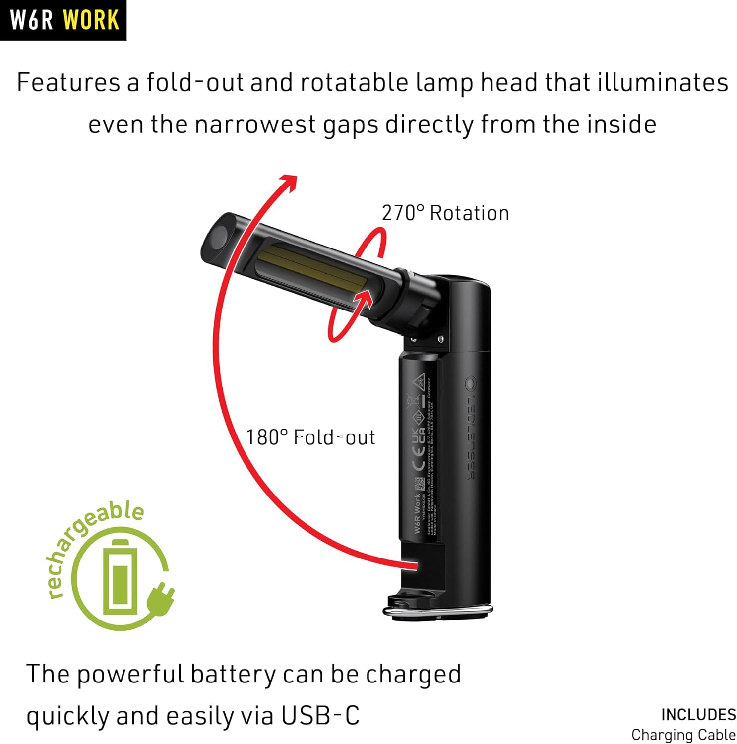 Ledlenser W6R Work Rechargeable Work Light - USB-C Rechargeable - Fold-Out & Swivel Head Lamp for Tight Spaces - 500 lm Flood & 120 lm Spot Flashlight - Magnetic Light Mount with Stand & Hook