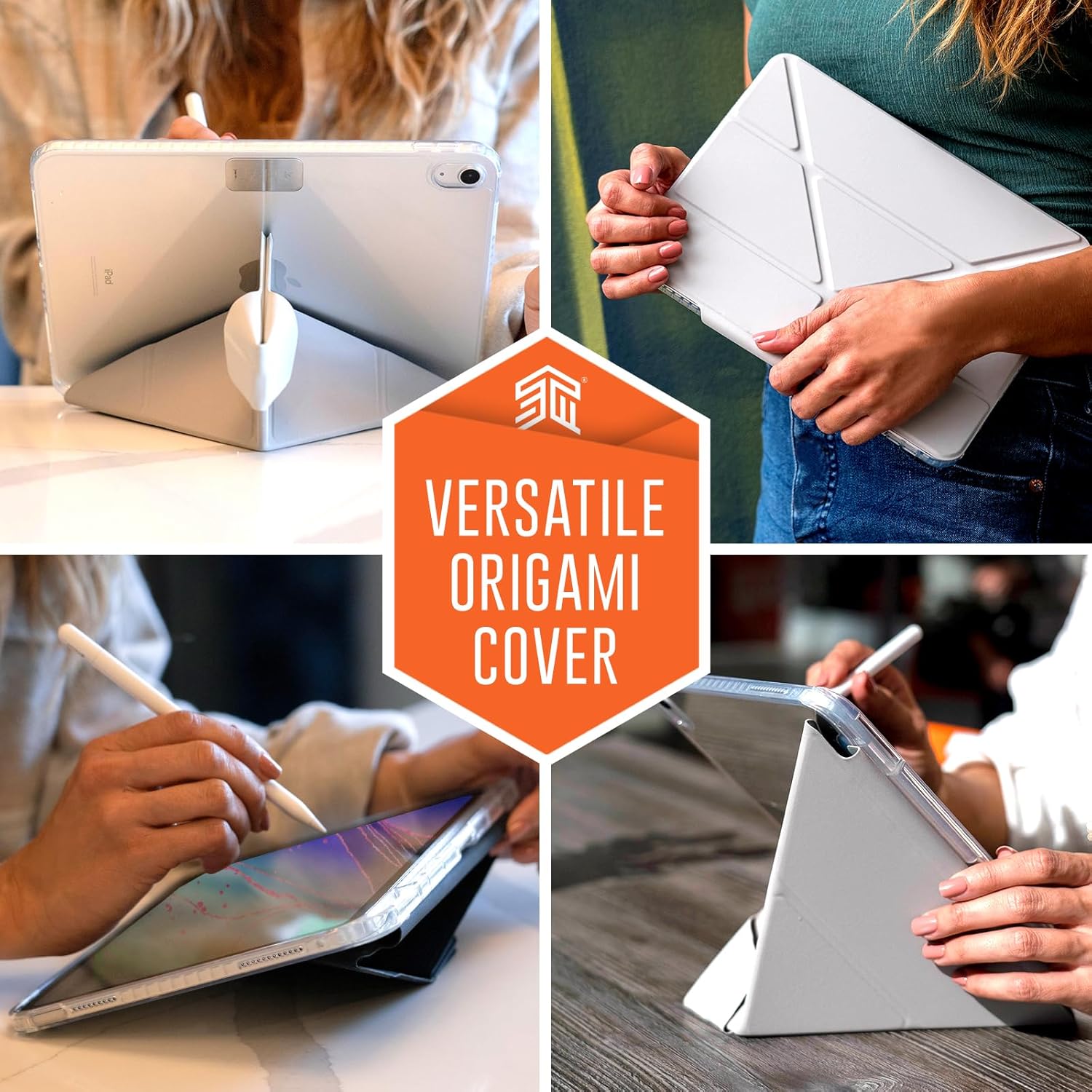 STM Goods OPP iPad (A16 2025/A16/10th Gen) Protective Case with Innovative Origami Magnetic Cover, Slim, Integrated Apple Pencil Holder - Perfect for Travel, Teens, Streamers and Professionals - Gray