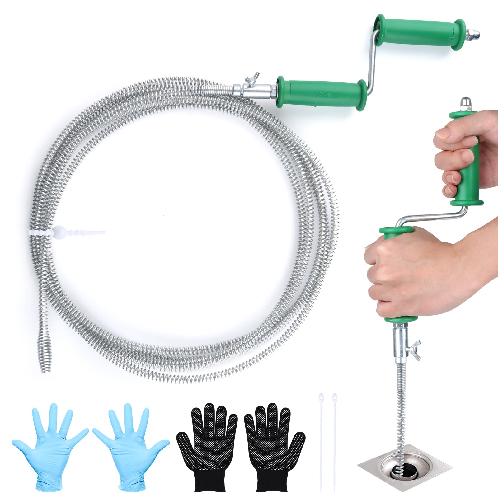 Pipe Cleaning Spiral Drain Pipe Cleaning 5 m x 13 mm | Universal spiral drain spiral, compatible with drills, pipe cleaner spiral for toilet and sink, green-image-27