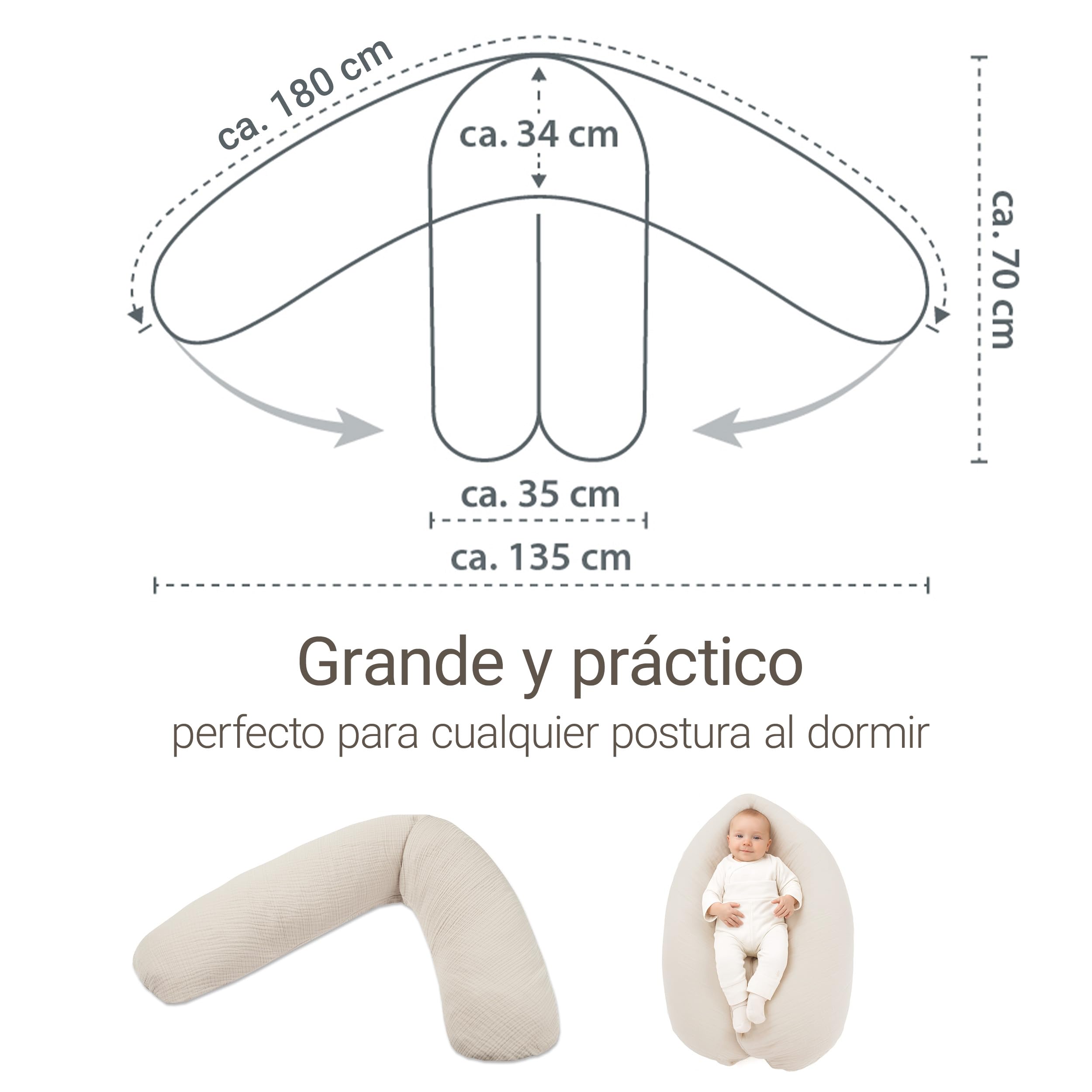 Theraline Almohada Embarazada XXL Dodo Pillow by Cojin Lactancia Bebé con Funda de Muselina de Algodón 180 cm - Relleno de Perlas EPS - Sin Sustancias Nocivas - Lavable a Máquina - Beige