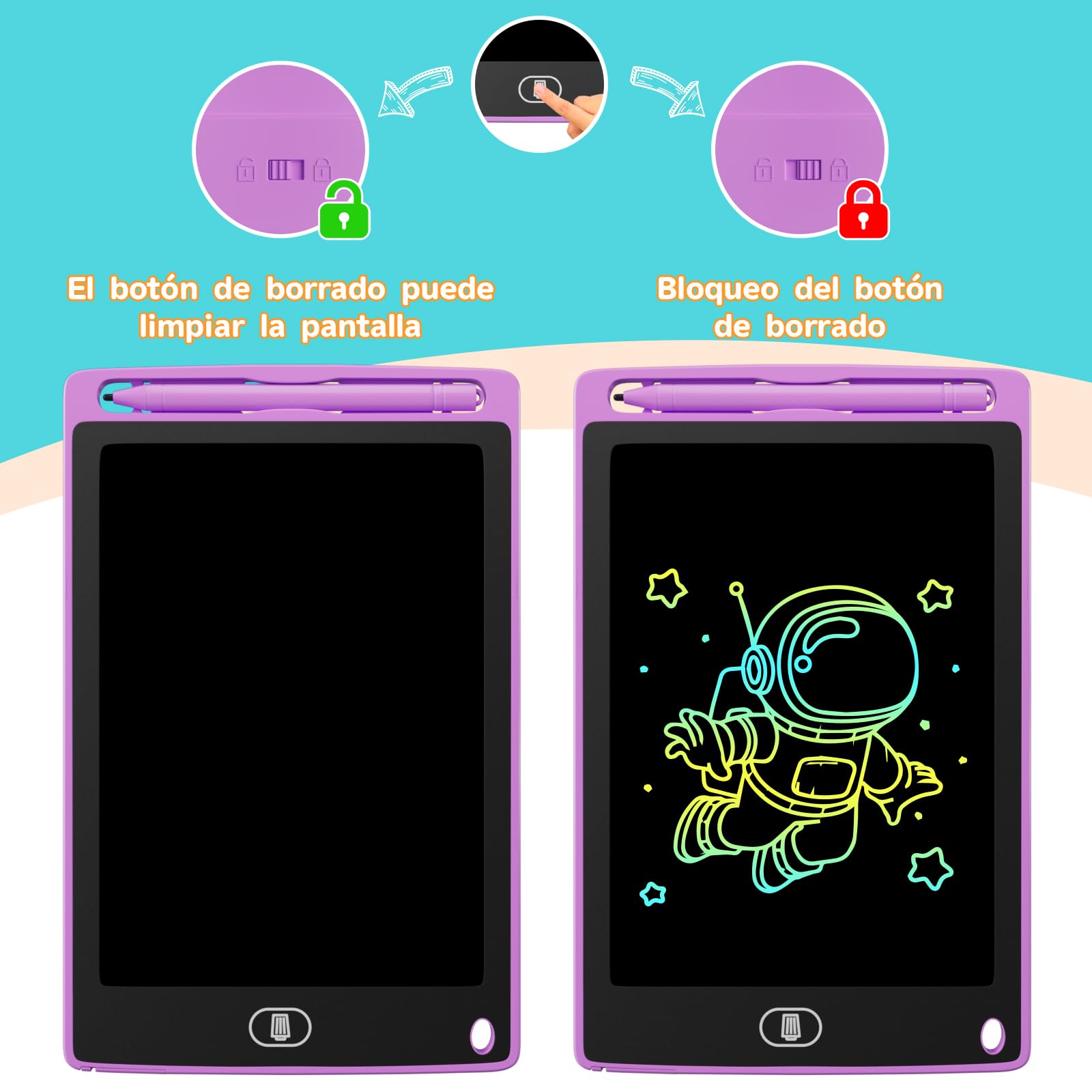 Electight 8.5 Pulgadas Tableta Escritura LCD Color 4 Pack Infantil Borrable Bloqueo Regalo 3-7 Años