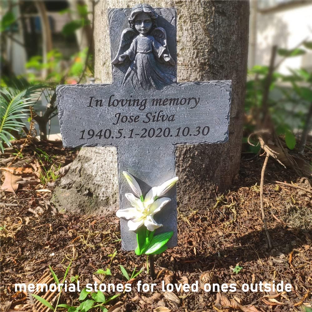 Cross Memorial Stones with Angel for Loved Ones Lost, Personalized Memory Cross Stones Tombstones Engraved with Any Message, Sympathy Memorial Gifts for Loss of Loved Ones, Resin
