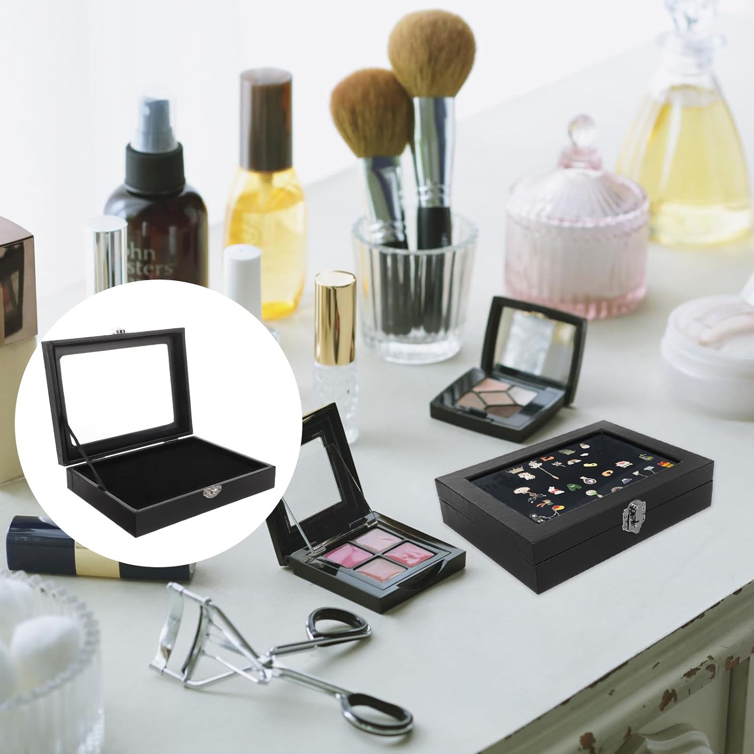 Brooch Pin Display Case Shadow Box Organizer with Lid Black image 5