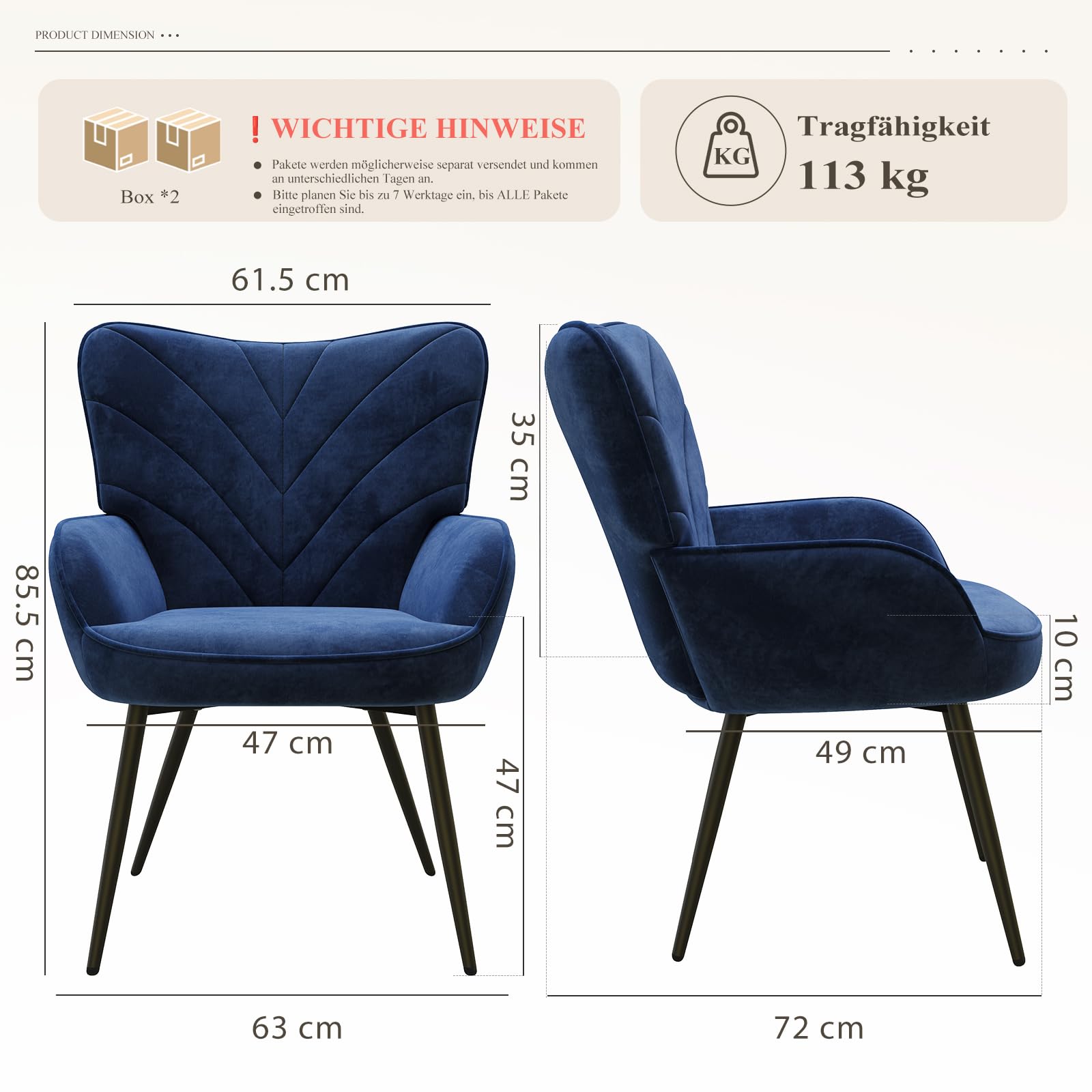COLAMY Wohnzimmer Sessel 2er Set, Samtbezogener Relaxsessel mit hoher Rückenlehne, Gepolsterter Komfortsessel mit Wingback-Design, Lounge Chair mit Holzbeinen für Wohnzimmer, Leseecke, Blau
