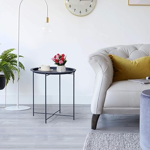 Miniatura 4 de VECELO Mesas auxiliares modernas, bandeja plegable redonda de metal, mesita de noche estable para exteriores, espacio pequeño, sala de estar y