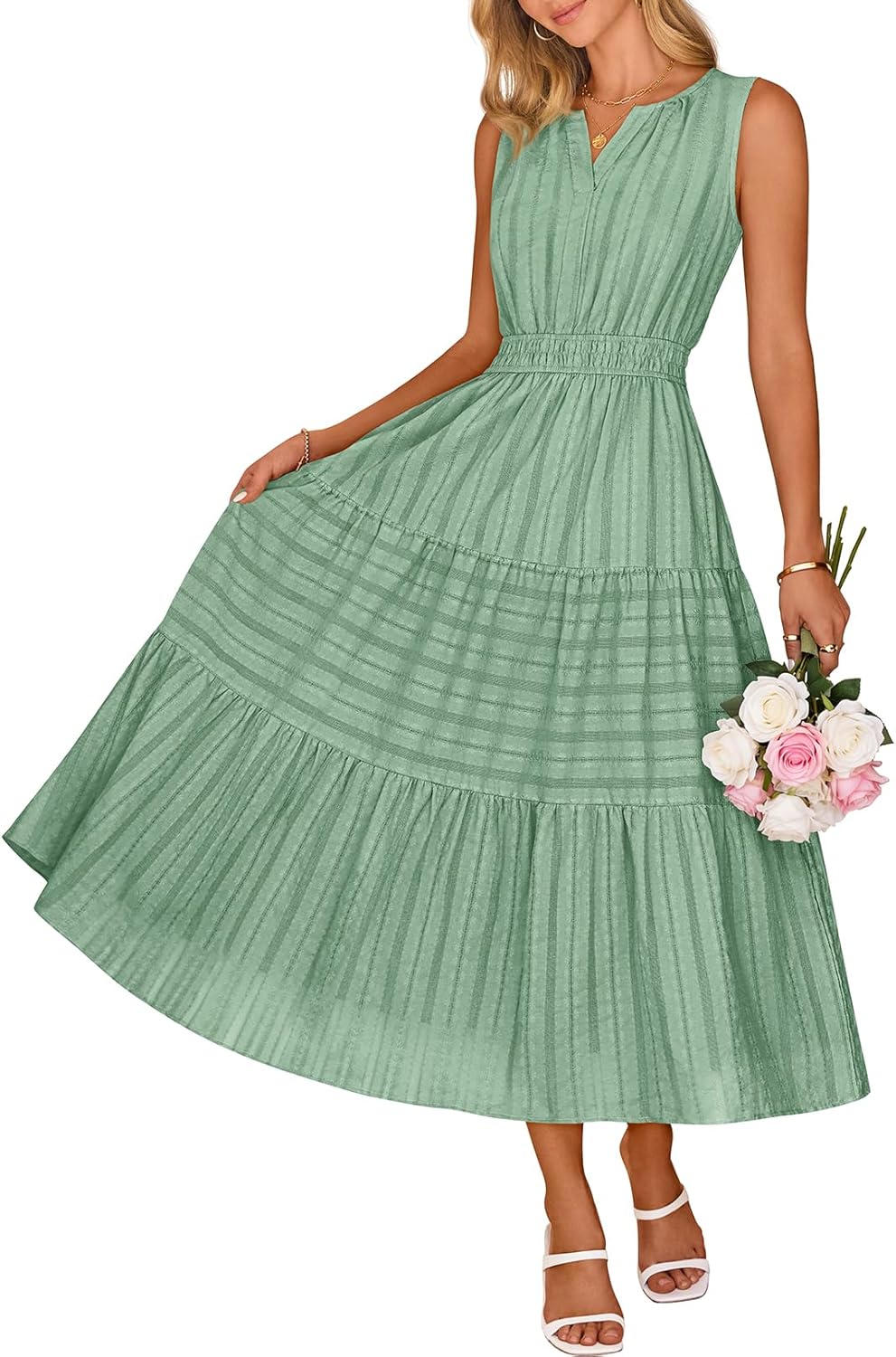 MEROKEETY Spring Summer Midi Dresses for Women 2026 Casual Beach Vacation Sleeveless Boho V Neck Cotton Maxi Dress Pockets - Image 2