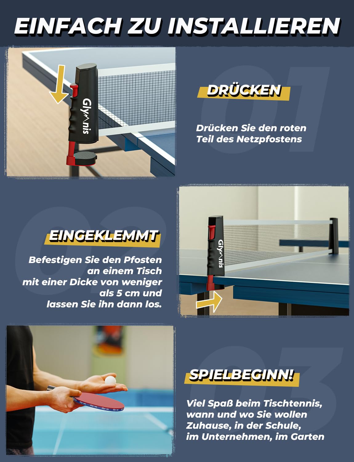 Glymnis Tischtennis-Set Tragbares Ping Pong Bälle Set für Indoor Outdoor Spiel Tischtennis-Training mit einziehbarem Netz, Paddel, 3-Sterne-Bälle & Aufbewahrungstasche
