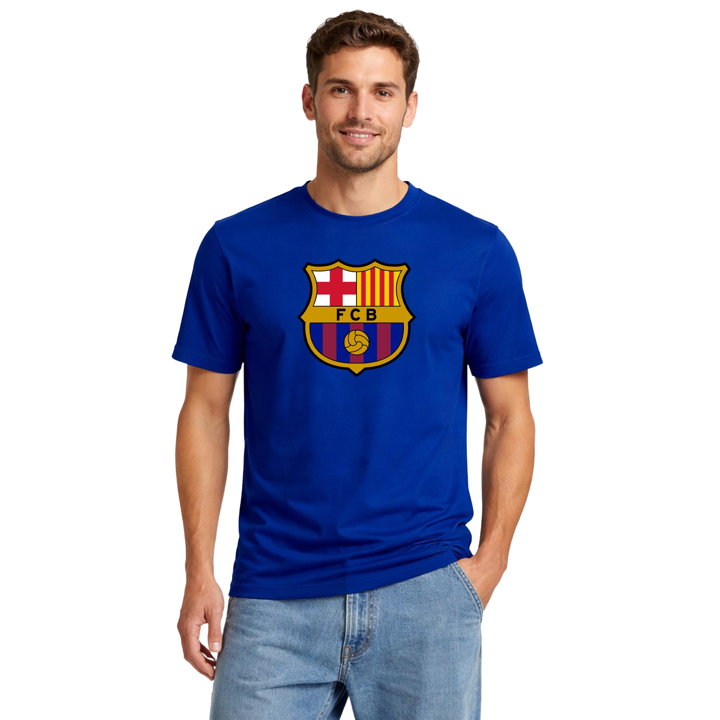Icon Sports Mens Outline Short Sleeve T-Shirt UEFA Champions League Soccer Barcelona, Royal Blue, Medium