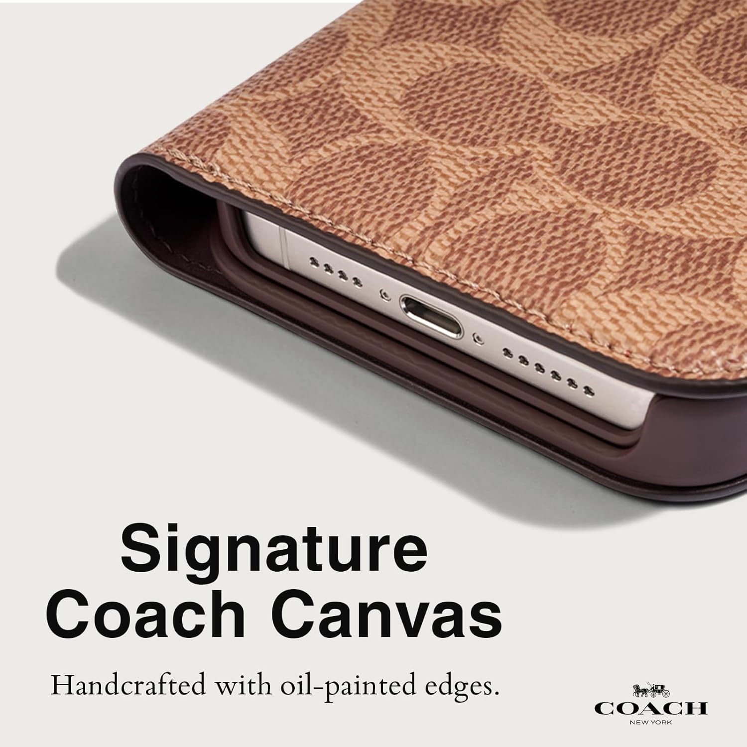 Coach Signature Canvas Two Piece Detachable Wallet Folio iPhone 15 Plus Case, Compatible with Wireless Charging - Signature Tan