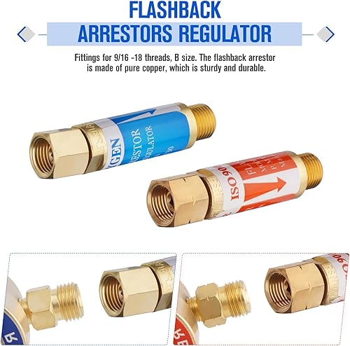 Miniatura 4 de SPARKWHIZ Par de medidores de gas de soldadura con regulador de oxígeno y acetileno (CGA540 y CGA200) + pararrayos flashback, extremo regulador