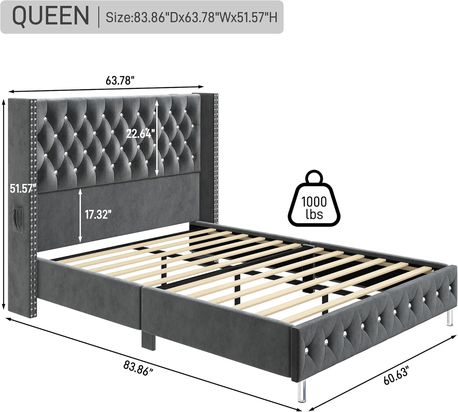 Hlivelood Queen LED Upholstered Bed Frame with Wingback Headboard, Velvet Diamond Button Tufted Bed Frame w/USB&Type-C Ports, Pocket and LED Lights, Wood Slats Support, No Box Spring Needed, Dark Grey
