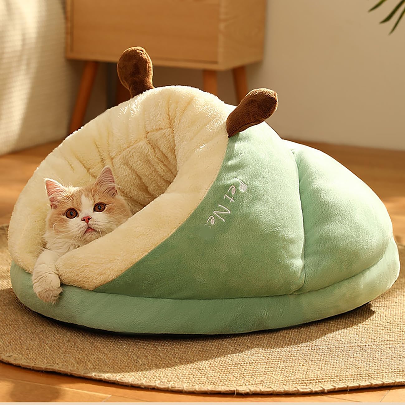 Small Dog and Cat Cave, Heated Pet Tent for Medium Puppies, Kitty Dogs, Cute Nest, Thick Fleece Warm Soft Sleeping Bag, Cozy Indoor Bed for Cats and Kittens (M, Green)