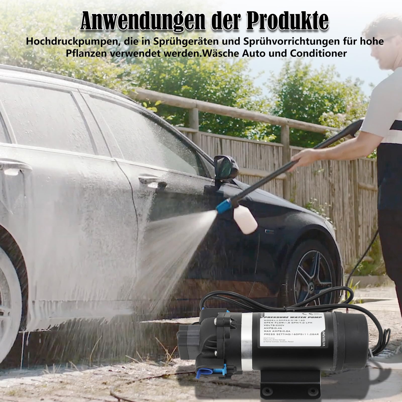 Hochdruck Membran Wasserpumpe, Elektrische Membranpumpe Wasserpumpe, Hochdruckwasserpumpe, Selbstansaugende Pumpe 150W 220V, 160PSI (11 Bar) 5,1–5,5L/min, 3/8"