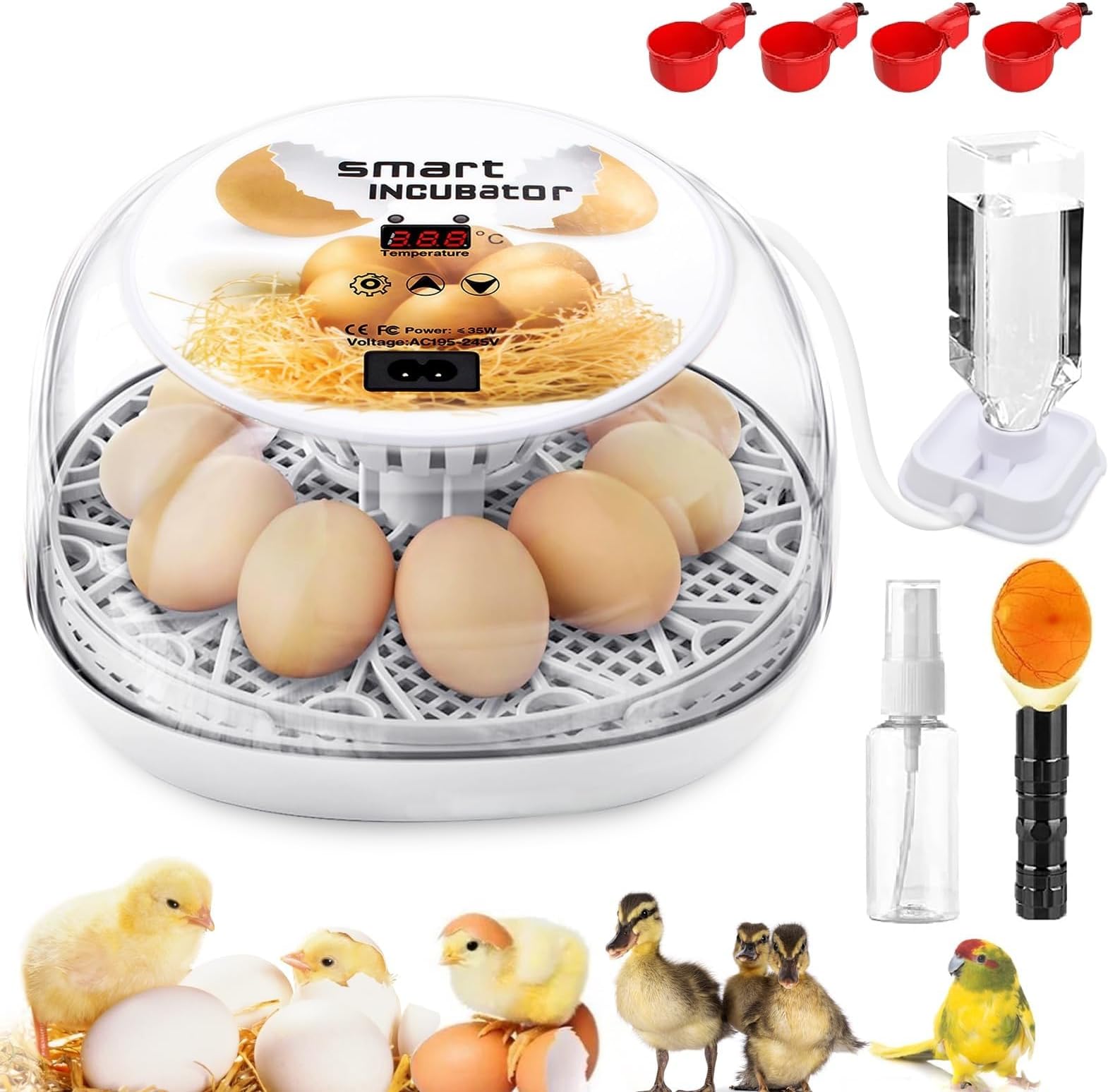 Incubators for Hatching Eggs, Chicken Waterer Cups, Automatic Egg Turner Holds 12 Eggs, Smart Incubator 360° Clear Window with Temperature Display Egg Candler for Small Poultry Chickens Ducks Quails