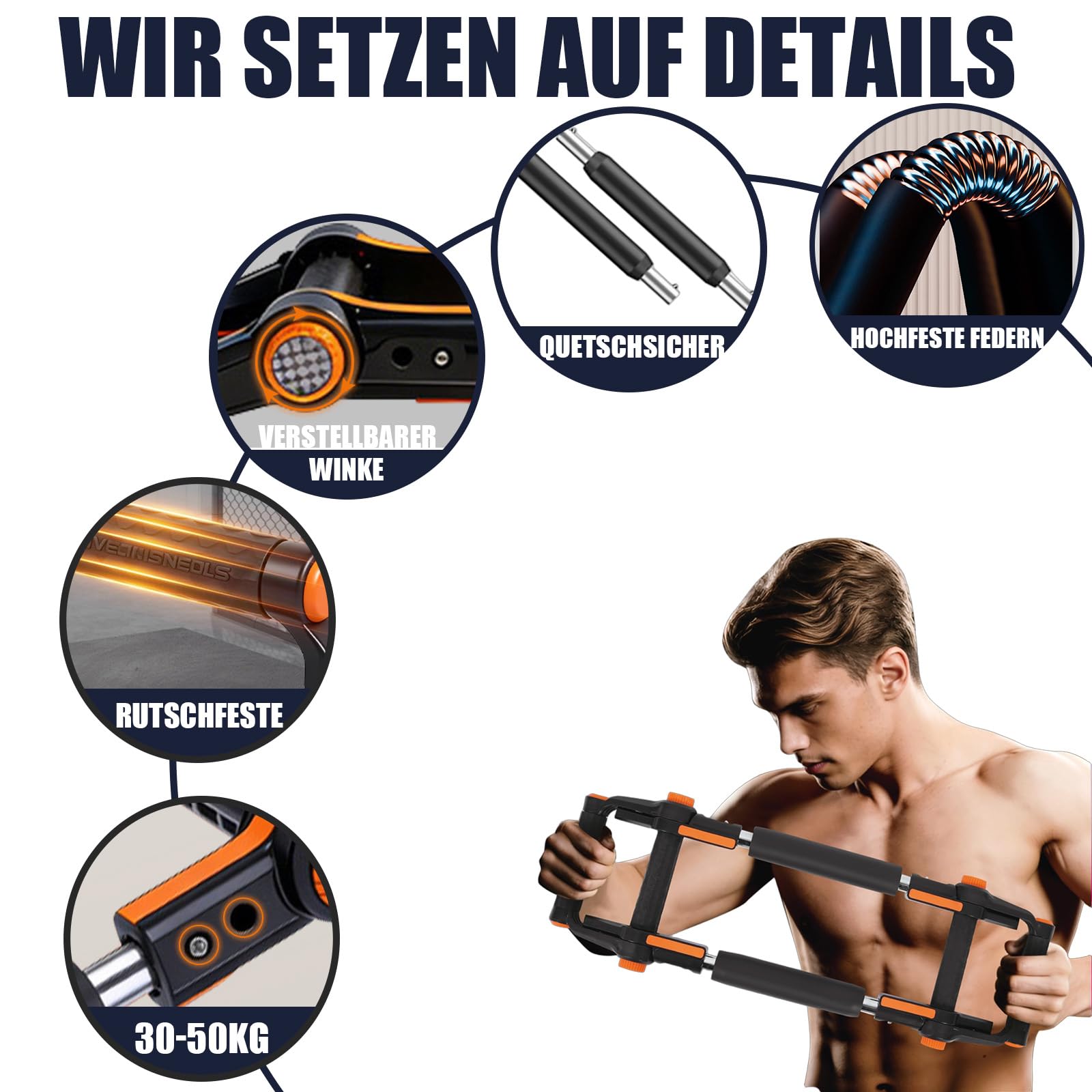 Power Twister Armtrainer für Zuhause, Abnehmbar als Liegestützgriffe, 2 in 1 Tragbarer Brusttrainer für Männer,3-Fach Verstellbar 30-50kg,Oberkörper Trainingsgerät,Gorilla Grip