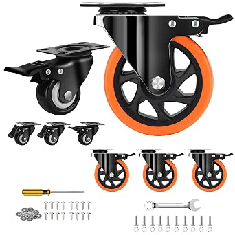QNCZ Caster Wheels Bundle 2" & 5" Heavy Duty Silent Casters Set of 8, Swivel Plate Casters with Locking Brakes, Durable PU Wheels for Furniture, Workbench, Cart, and Industrial Use