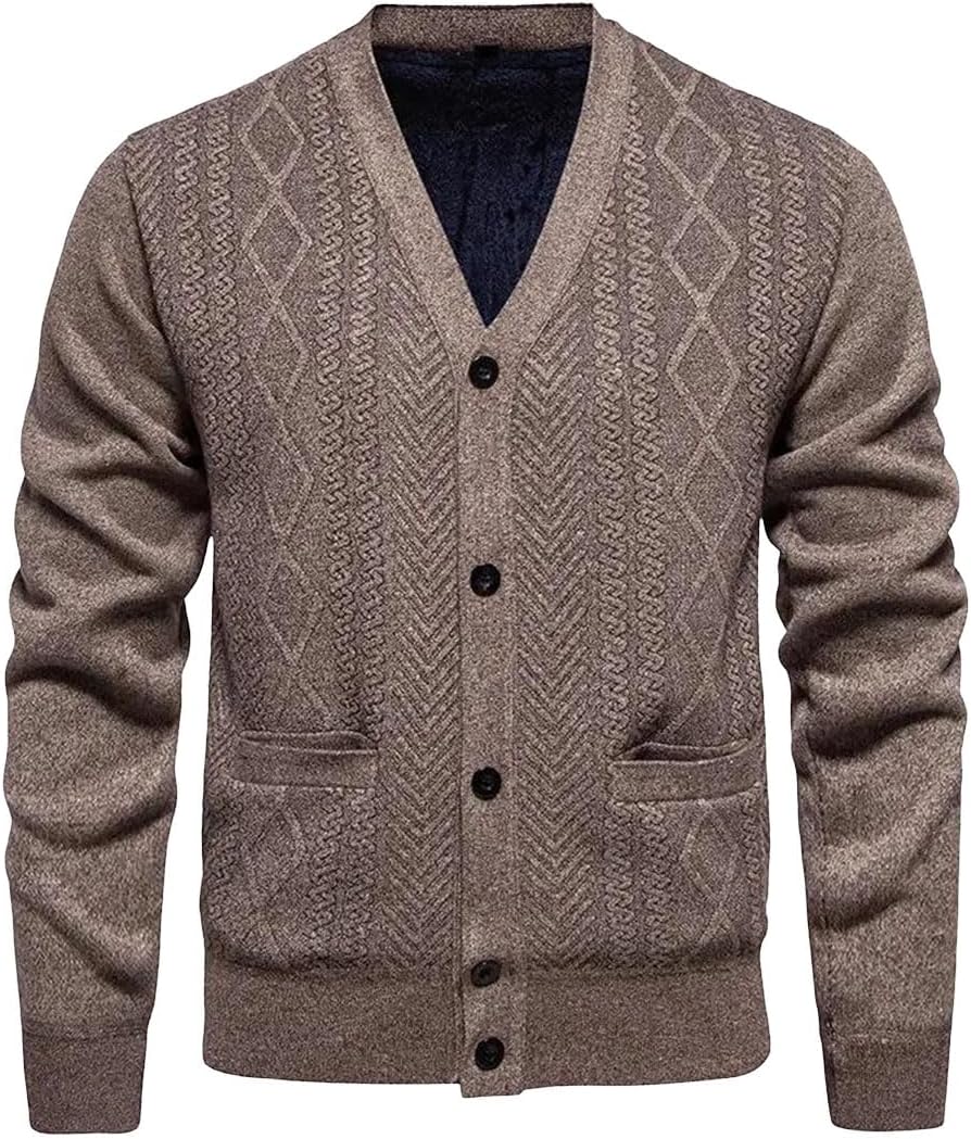 Men’s Knit Cardigan Casual Sweater V-Neck Long Sleeve Solid Color Soft Outwear