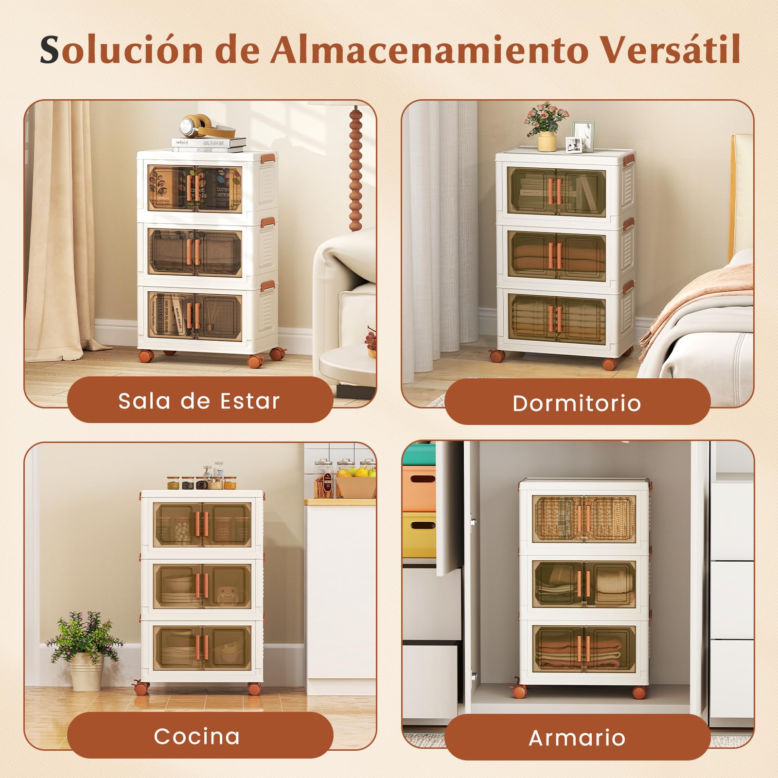 COSTWAY Caja de Almacenamiento Plegable 57 L, Paquete de 3 Contenedores de Almacenaje de Plástico con Puertas de Apertura Frontal, Cajas de Almacenaje Apilables con 4 Ruedas, para Dormitorio