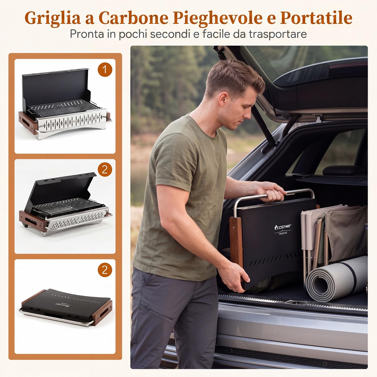 COSTWAY Barbecue a Carbonella Portatile, Barbecue Carbone da Tavolo con Griglia Regolabile in Altezza e Vaschetta in Smalto Rimovibile, Griglia a Carbone per Campeggio e Picnic (50,5 x 33,5 x 33,5 cm)