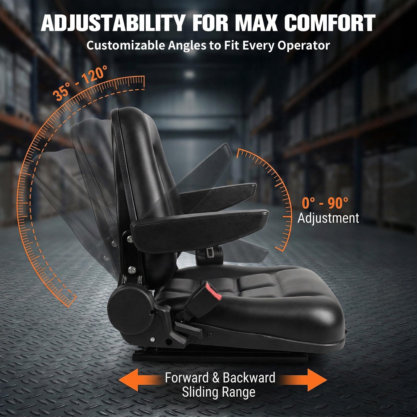 Universal Gabelstaplersitz, Gabelstapler Sitz aus PVC mit Sicherheitsgurt, verstellbarer Rückenlehne, ergonomischer Polsterung, umklappbarer Traktorsitz für Gabelstaplern, Bagger, Lader, Planierraupe