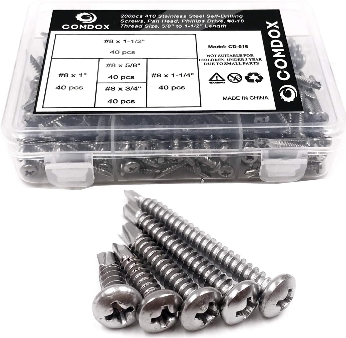 410 Stainless Steel Self Drilling Screws Kit Set, Pan Head Phillips Sheet Metal Tek Screws Assortment Kit, Modified Truss Head, #8-18 Thread Size, 5/8" to 1-1/2" Length (Pack of 200)