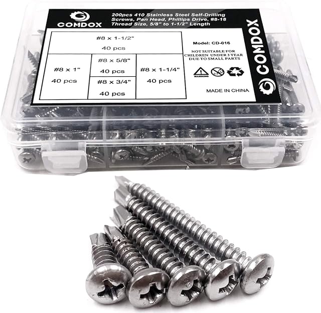Comdox 410 Stainless Steel Pan Head Phillips Self Drilling Screws Sheet Metal Tek Screws Assortment Kit, Modified Truss Head Self Driller - Size: #8 x 5/8" to #8 x 1-1/2" (Pack of 200)