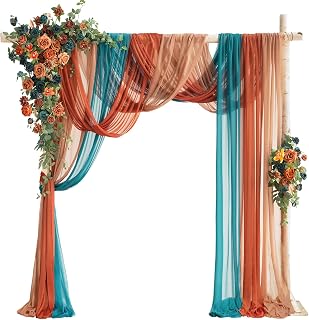 Ling's Moment Deluxe Wedding Arch Flowers with Sheer Drapes Kit - Artificial Teal and Orange Floral Arrangements for Ceremony Backdrop, Arbor Decor, 5-Piece Set (2 Flower Stems + 3 Hanging Drapes)