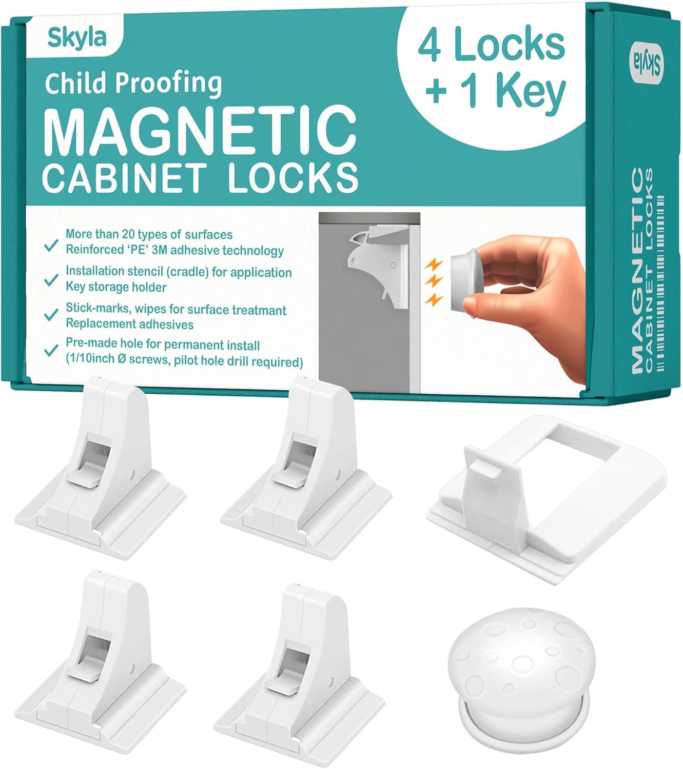 SKYLA HOMES Magnetic Cabinet Locks Baby Proofing Child Safety – The Safest Quickest and Easiest Multi-Purpose 3M Adhesive Child Proof Latches, No Screws or Tools Needed (4 Pack), White