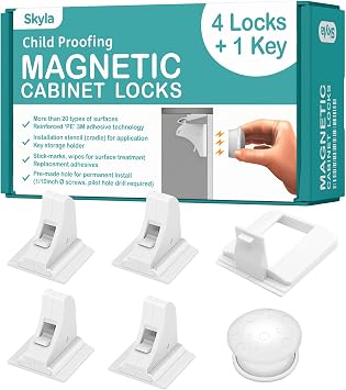 SKYLA HOMES Magnetic Cabinet Locks Baby Proofing Child Safety - The Safest Quickest and Easiest Multi-Purpose 3M Adhesive Child Proof Latches, No Screws or Tools Needed 4 Pack