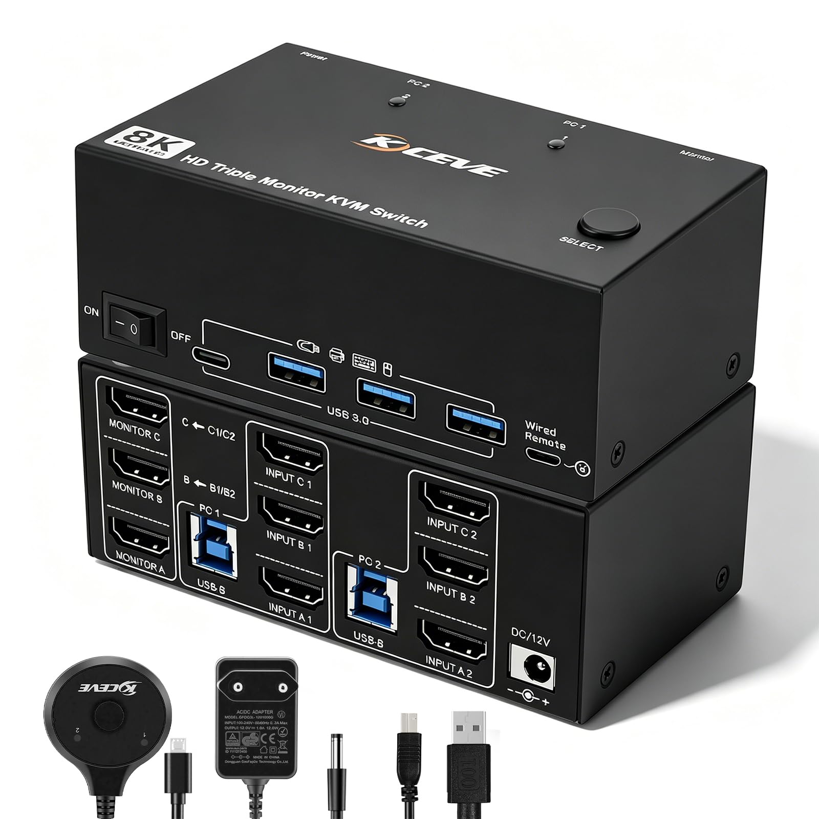 KVM Switch 2 PC 3 Moniteur 8K60Hz, Commutateur KVM 3 HDMI avec Contrôleur de Bureau, USB 3.0 pour Deux Ordinateurs, Prend en Charge Mode Étendu et Mode Dupliqué, Adaptateur 12V Inclus