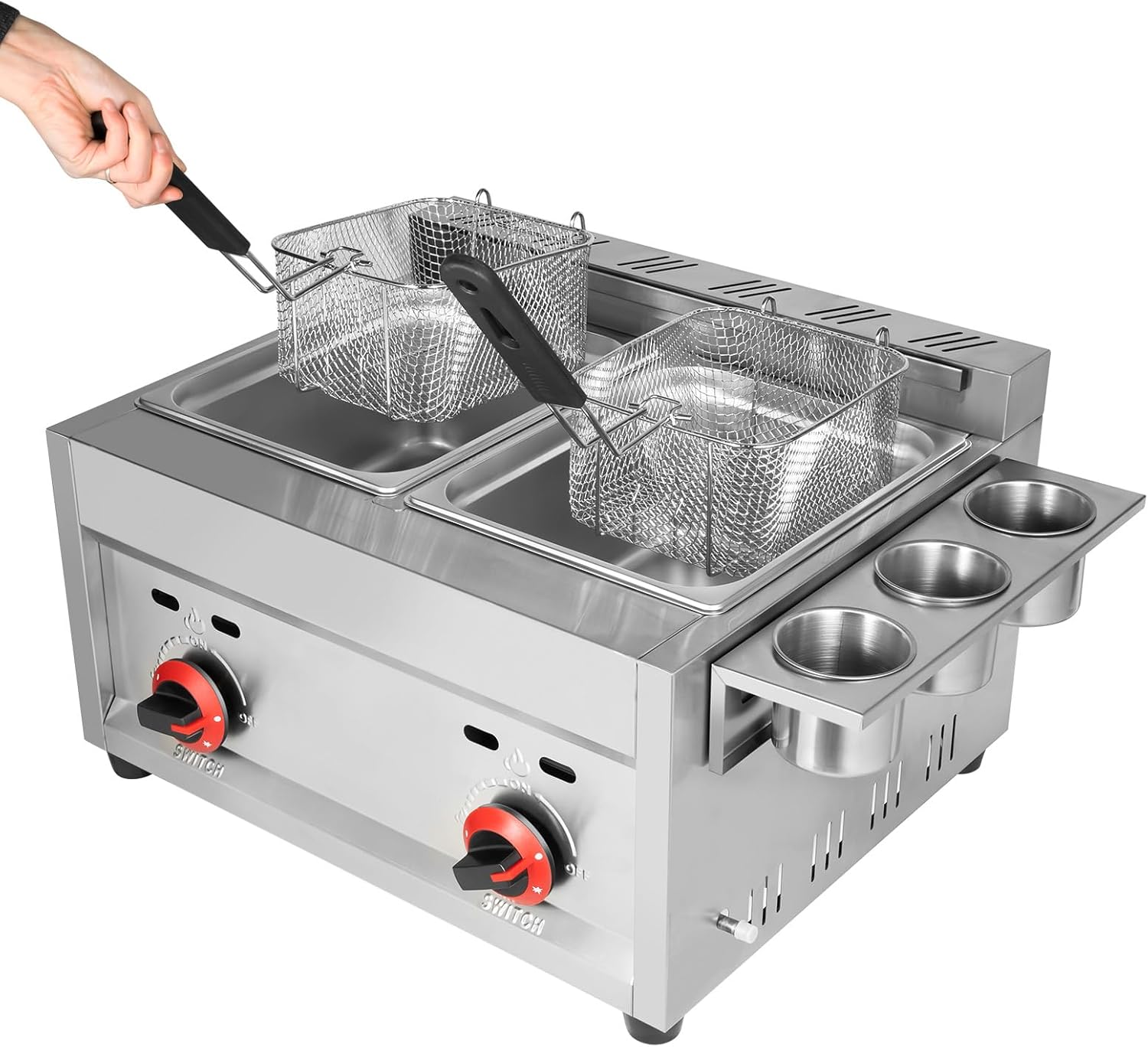 Commercial Gas Deep Fryer 12L Stainless Steel Dual Tank Gas Deep Fryer with 2 Baskets&Lid Countertop Fryer Frying Machine for Restaurant and Home Use