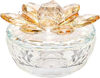 Crystal Jewelry Box for Women, Small Glass Trinket Jar with Lid, Clear Lotus Flower Storage Holder, Elegant Organizer Dish for Ring, Earrings, Necklace, Decorative Gift for Vanity (Gold)