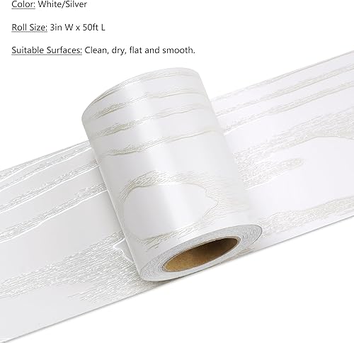 Miniatura 2 de LACHEERY 50 x 3 pulgadas, papel tapiz de madera blanca plateada, borde de pared para despegar y pegar, borde de espejo de grano de madera