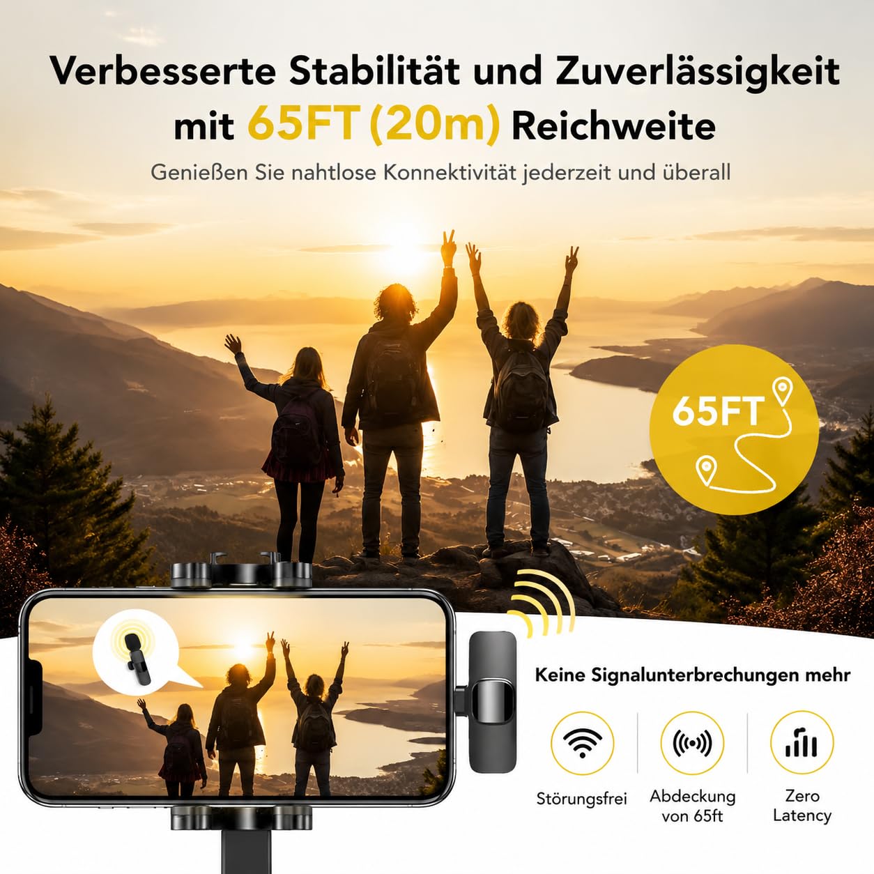 Kabelloses Lavalier Mikrofon für iPhone, Android & Handy – Mini mikrofon mit USB-C & Lightning, 10h Akkulaufzeit, 2,4 GHz Wireless Microphone für Vlog, Video, Interview & Podcast (Schwarz)