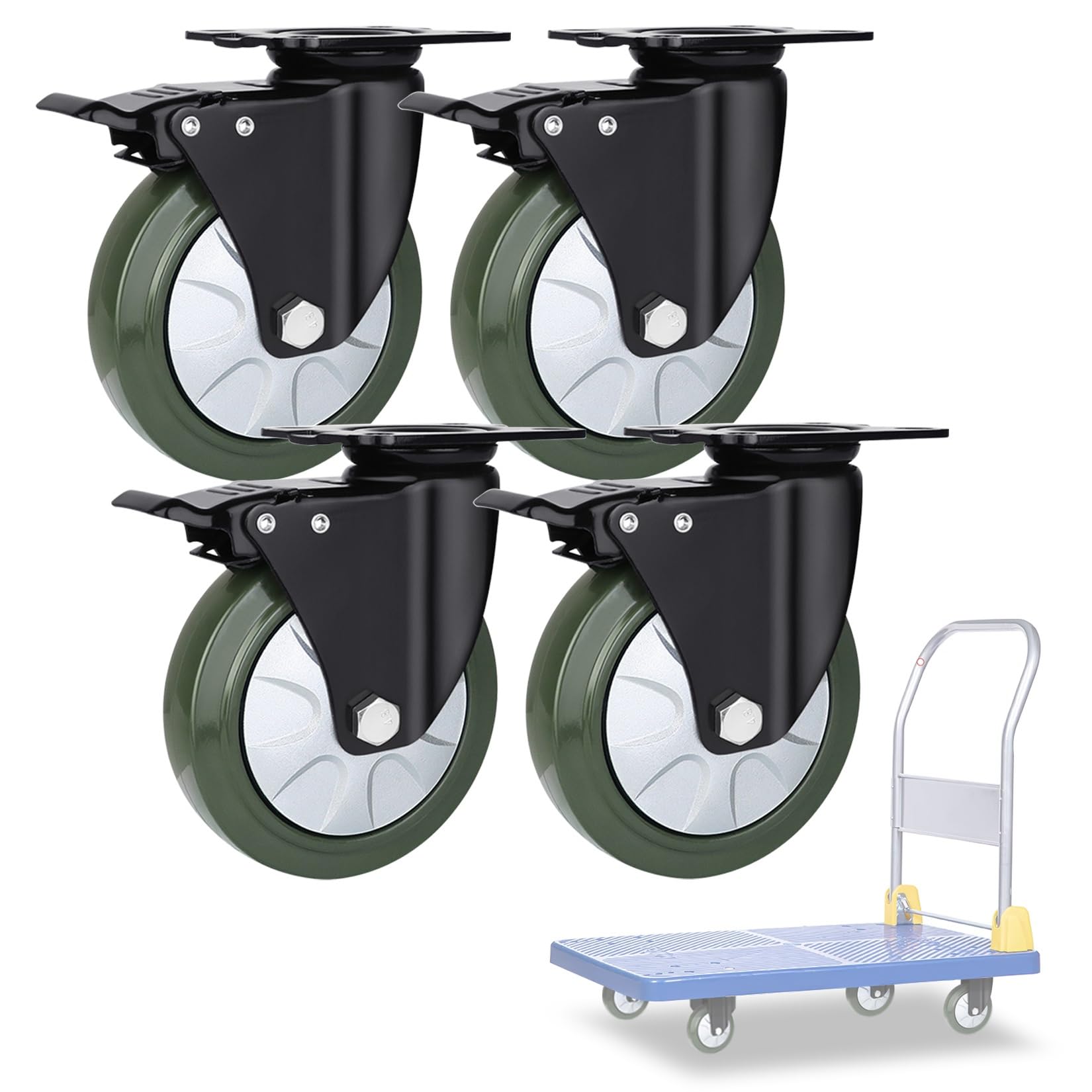 Lenkrollen Möbelrollen 3 4 5 6 Zoll 4er-Set, bewegliches, geräuscharmes Doppelkugellager-Vollgummirad, Ersatzrollen for Trolleywagen, Möbel, Werkbänke(Brake,Ø 125mm)