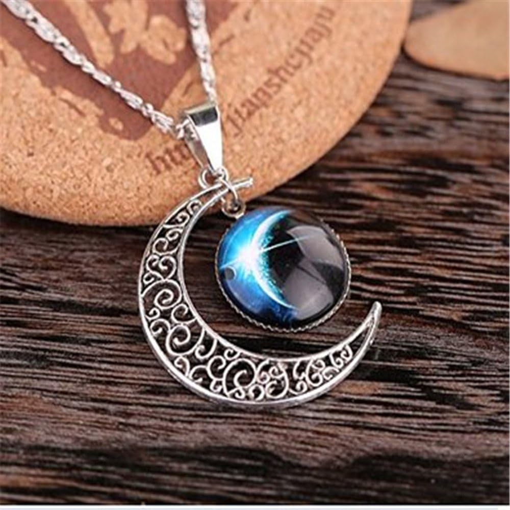 Beancase(TM) Galaxy Star Crescent Moon Time Gem Pendant Necklace