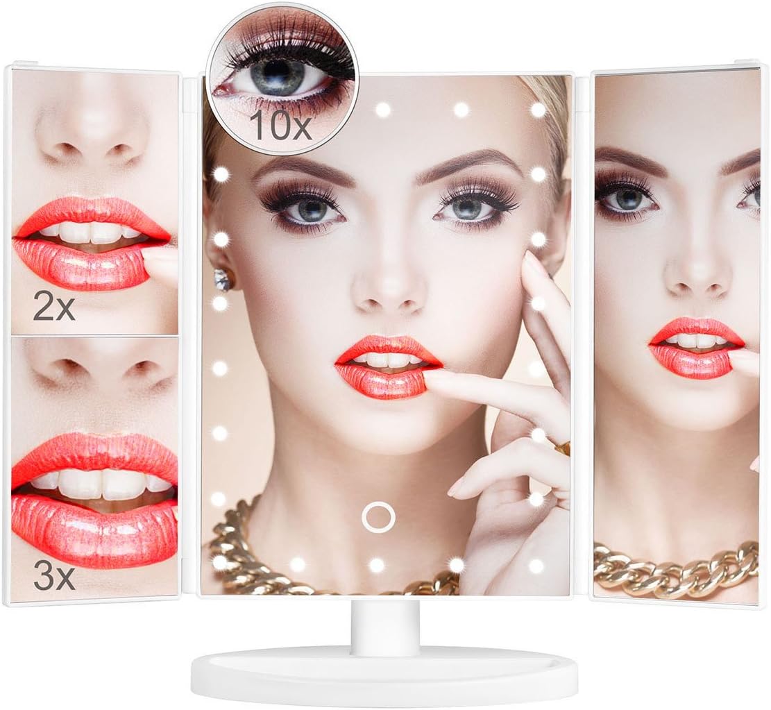 Makeup Mirror,Aiskki 10X/3X/2X/1X Magnification Mirror,180° Adjustable Rotation Vanity Mirror,Trifold Vanity Mirror,22 LED Lights,Touch screen adjustment brightness,Dual Power Supply Cosmetic Mirror
