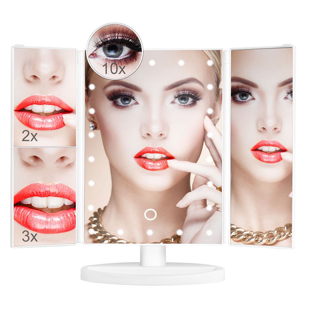 Makeup Mirror,Aiskki 10X/3X/2X/1X Magnification Mirror,180° Adjustable Rotation Vanity Mirror,Trifold Vanity Mirror,22 LED Lights,Touch screen adjustment brightness,Dual Power Supply Cosmetic Mirror