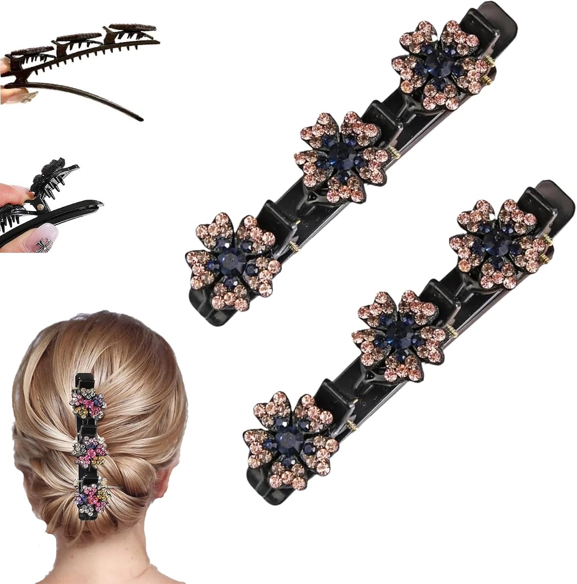 Sparkling Crystal Stone Braided Hair Clips for Women. | Hair Clips for Styling Hair Barrettes for Women and Girls,Double-Layer Duckbill Clips, Non-Slip Hair Accessories (C-2Pcs)