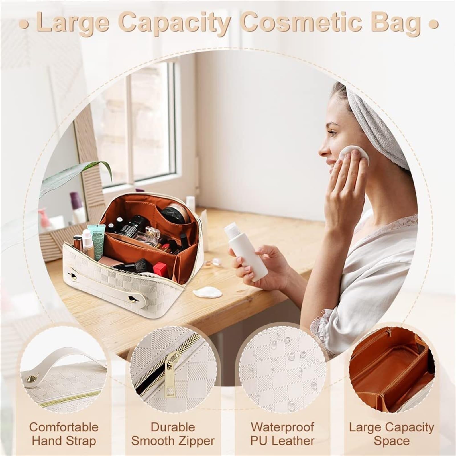 Borsa per Cosmetici Borsa for Cosmetici da Viaggio Borsa for Trucchi Scozzese A Quadretti Borsa Portatile in Pelle con Manico E Scomparti Borsa da Trucco(White)
