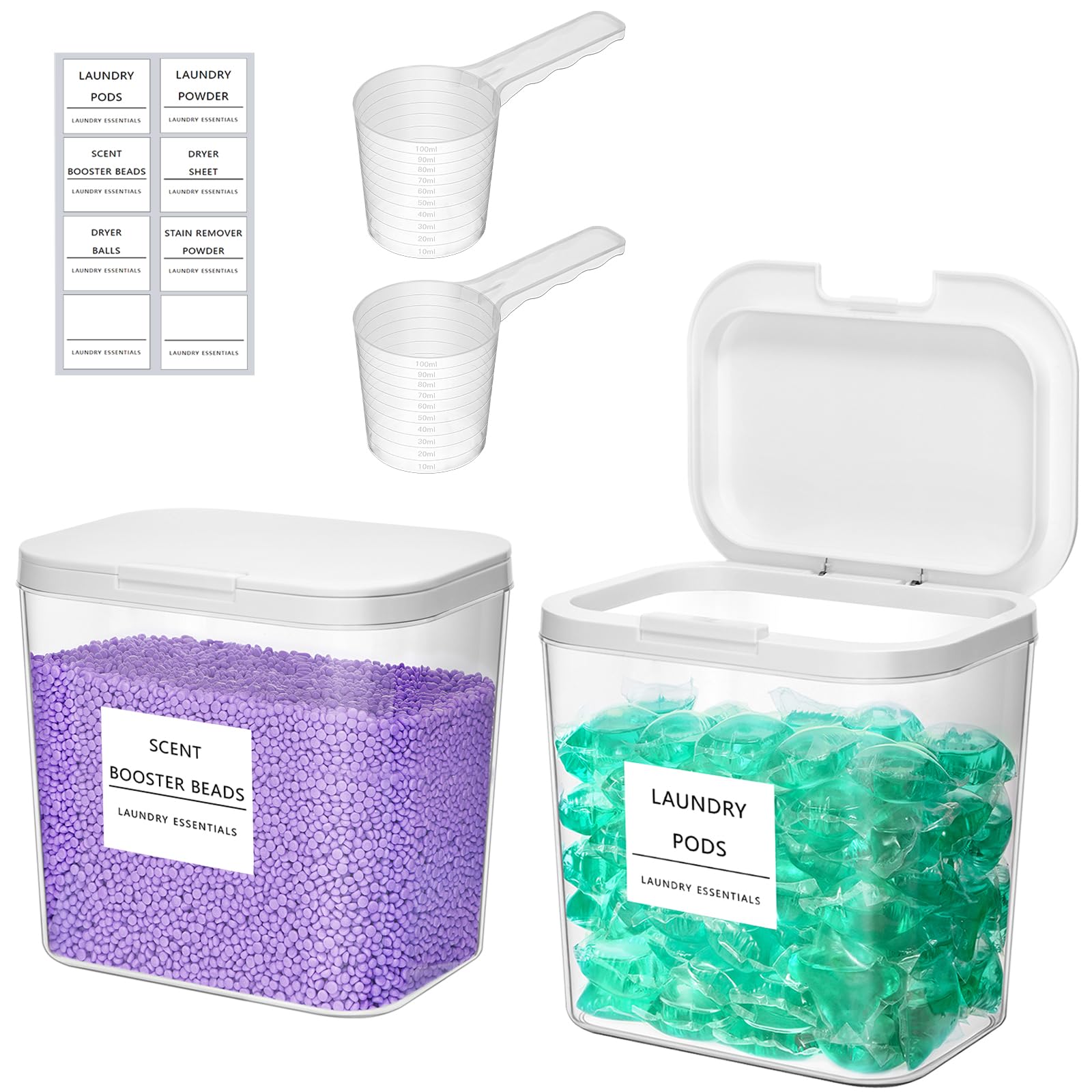 Lifewit 2 Pack Laundry Pods Container with Labels, Scoops and Press-and-Pop Lid, Detergent/Powder/Capsule/Pot/Washing Tablets Storage Holder for Laundry Room, Bathroom, Kitchen Organisation