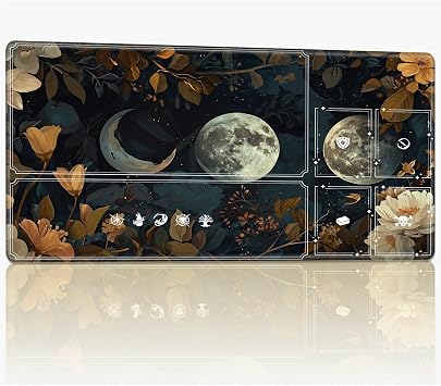 Tabletop Card Playmat with Magic Zones, 24 x 14 inches Stitched TCG Card Play Mat Commander Board Game Mats Smooth Rubber Surface Battle Game Desk Mat, Autumn Moon