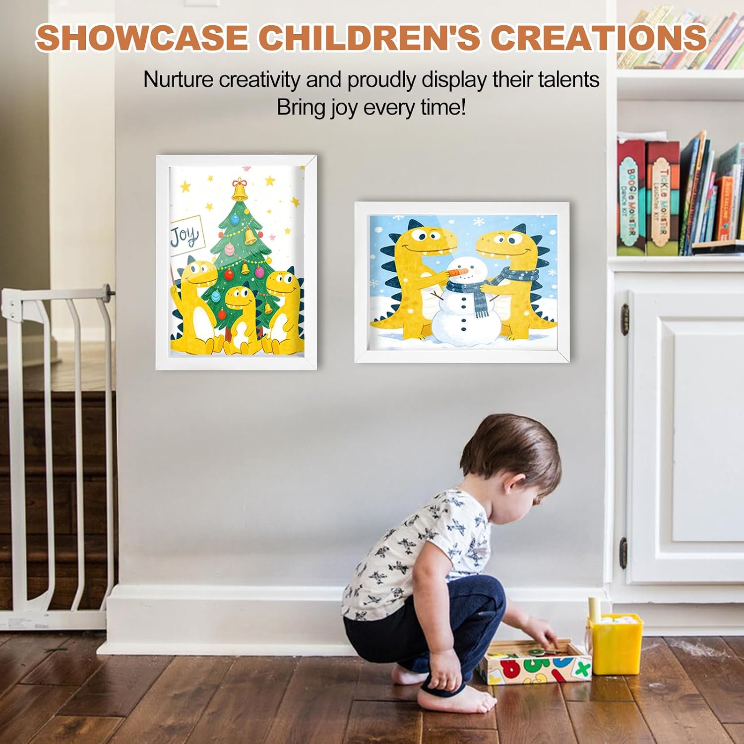 Kids Art Frames – Changeable 8.5x11 with Magnetic Front Opening, Wooden Kids Artwork Display for Wall with Storage 150 Sheets, Toddler Art Work Project Picture Frame for 3D Art & School Work, Mounting Hardware Included